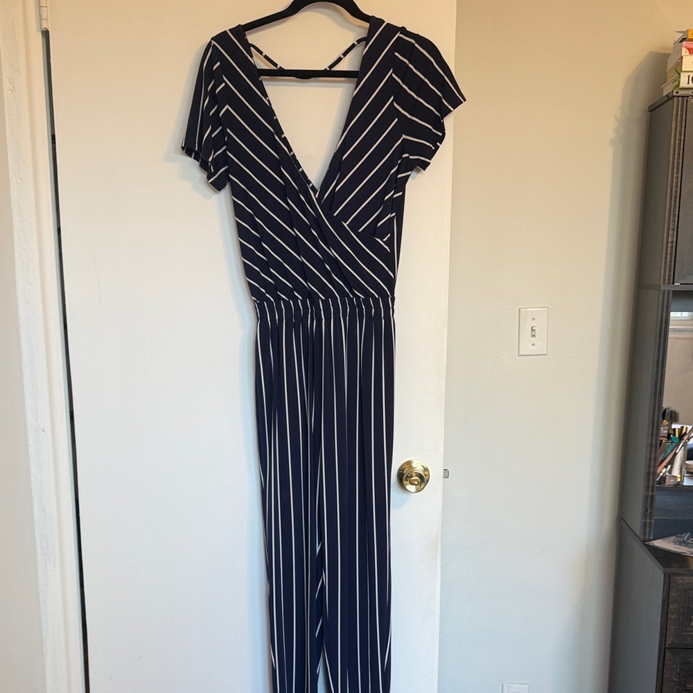Express Navy Striped Jumpsuit